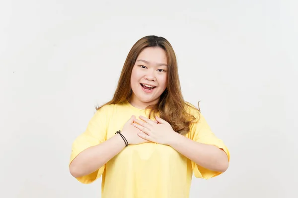 Hand Chest Grateful Gesture Beautiful Asian Woman Wearing Yellow Shirt — Stock Photo, Image