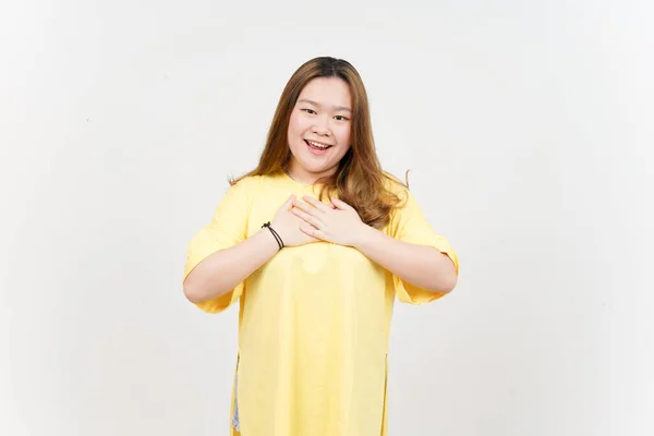 Hand Chest Grateful Gesture Beautiful Asian Woman Wearing Yellow Shirt — Stock Photo, Image