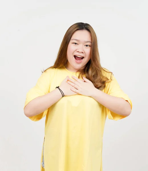 Hand Chest Grateful Gesture Beautiful Asian Woman Wearing Yellow Shirt — ストック写真