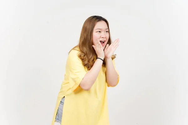 Announcement Hands Mouth Beautiful Asian Woman Wearing Yellow Shirt Isolated — Fotografia de Stock