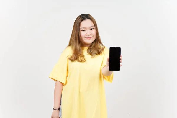 Sarı Tişört Giyen Asyalı Güzel Kadın Boş Ekran Telefonundaki Uygulamalar — Stok fotoğraf