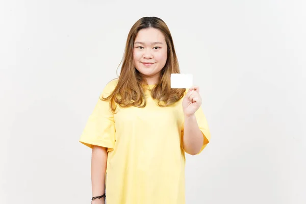 Holding Blank Bank Card Credit Card Beautiful Asian Woman Wearing — Photo