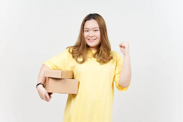 Holding Package Box Cardboard Box Beautiful Asian Woman Wearing Yellow —  Fotos de Stock