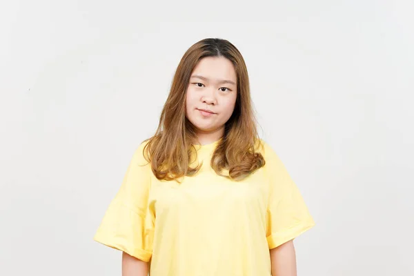 Angry Face Expression Beautiful Asian Woman Wearing Yellow Shirt Isolated — стоковое фото