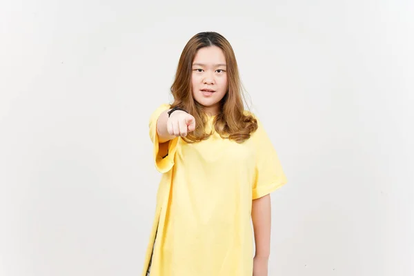 Pointing You Angry Face Expression Beautiful Asian Woman Wearing Yellow — Φωτογραφία Αρχείου