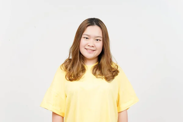 Smiling Looking Camera Beautiful Asian Woman Wearing Yellow Shirt Isolated — Fotografia de Stock