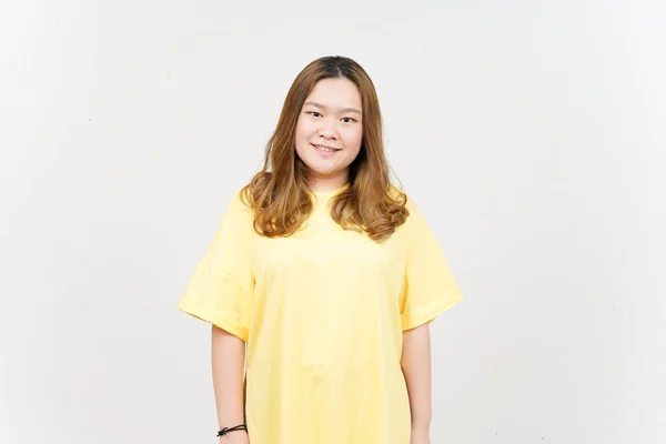 Smiling Looking Camera Beautiful Asian Woman Wearing Yellow Shirt Isolated — Fotografia de Stock