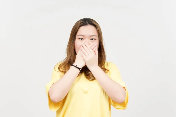 Covering Mouth Shocked Face Beautiful Asian Woman Wearing Yellow Shirt — Fotografia de Stock