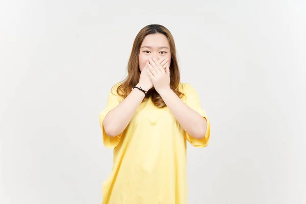 Covering Mouth Shocked Face Beautiful Asian Woman Wearing Yellow Shirt — Fotografia de Stock