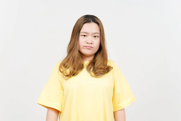 Angry Face Expression Beautiful Asian Woman Wearing Yellow Shirt Isolated — 图库照片