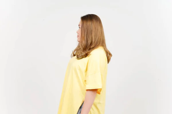 Side View Standing Beautiful Asian Woman Wearing Yellow Shirt Isolated — ストック写真