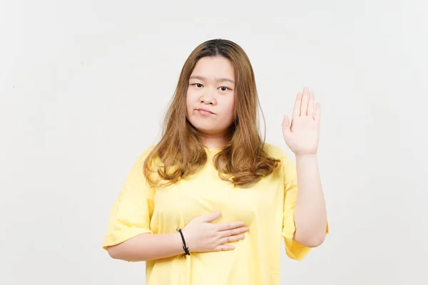 Swearing Gesture Beautiful Asian Woman Wearing Yellow Shirt Isolated White — 图库照片