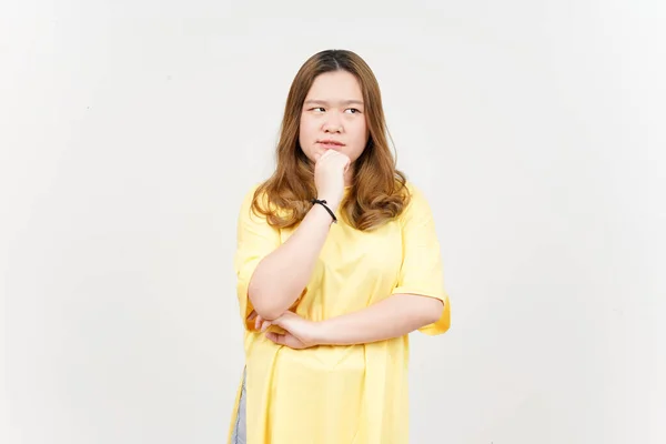 Thinking Gesture Beautiful Asian Woman Wearing Yellow Shirt Isolated White — Photo