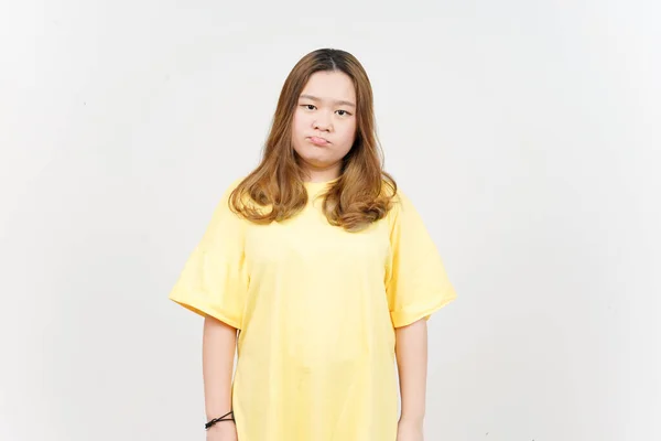 Boring Gesture Beautiful Asian Woman Wearing Yellow Shirt Isolated White — Φωτογραφία Αρχείου