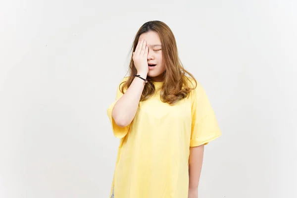 Suffering Headache Beautiful Asian Woman Wearing Yellow Shirt Isolated White — Foto de Stock
