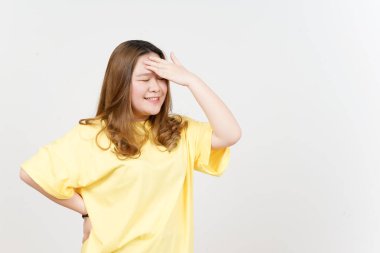 Forget Something Gesture of Beautiful Asian Woman wearing yellow T-Shirt Isolated On White