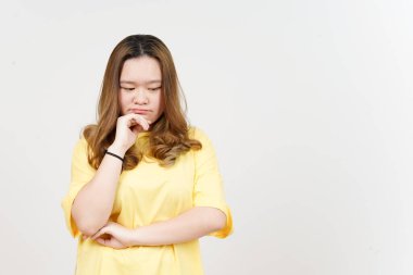 Thinking Gesture and Looking down of Beautiful Asian Woman wearing yellow T-Shirt Isolated On White
