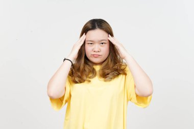 Headache Gesture of Beautiful Asian Woman wearing yellow T-Shirt Isolated On White Background