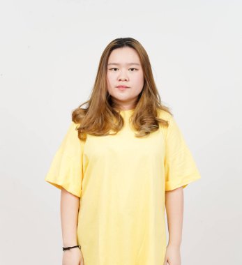 Serious Face of Beautiful Asian Woman wearing yellow T-Shirt Isolated On White Background
