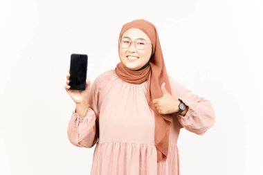 Beyaz Ekranda Uygulamalar Gösteriliyor Beyaz Kafatası Giyen Güzel Asyalı Kadının Akıllı Telefonu