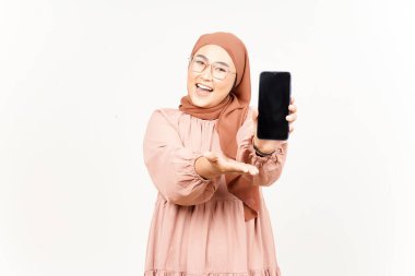 Beyaz Ekranda Uygulamalar Gösteriliyor Beyaz Kafatası Giyen Güzel Asyalı Kadının Akıllı Telefonu