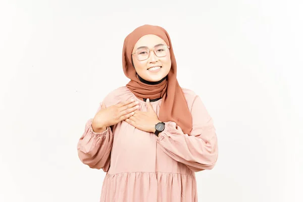Grateful Self Love Gesture Beautiful Asian Woman Wearing Hijab Isolated — Foto Stock