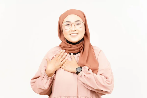 Grateful Self Love Gesture Beautiful Asian Woman Wearing Hijab Isolated — 스톡 사진