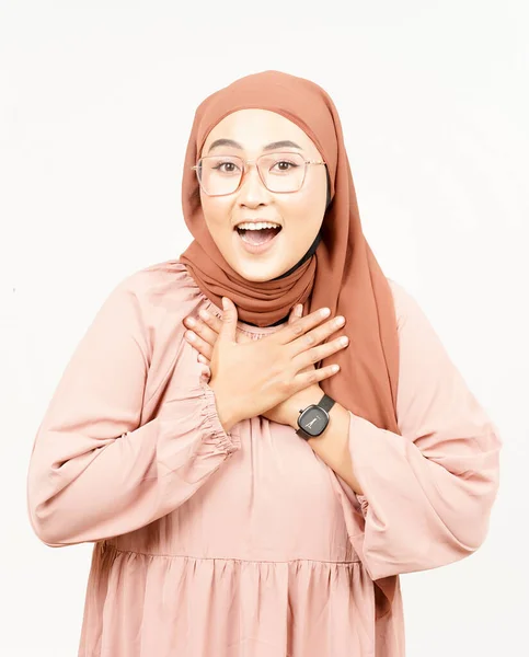 Wow Face Expression Beautiful Asian Woman Wearing Hijab Isolated White — Foto Stock
