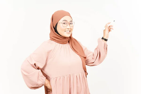 Tenendo Marker Insegnamento Concetto Bella Donna Asiatica Che Indossa Hijab — Foto Stock