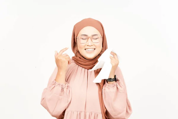 Holding Tissue Cry Beautiful Asian Woman Wearing Hijab Isolated White — Stok Foto