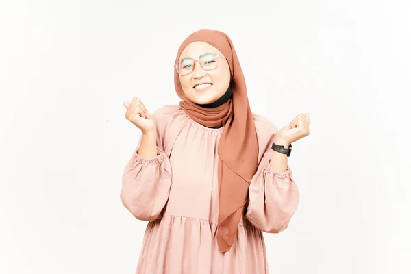 Yes Celebration Gesture Beautiful Asian Woman Wearing Hijab Isolated White —  Fotos de Stock