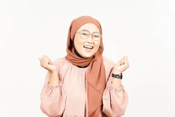 Yes Celebration Gesture Beautiful Asian Woman Wearing Hijab Isolated White — Stockfoto