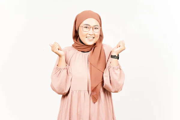 Yes Celebration Gesture Beautiful Asian Woman Wearing Hijab Isolated White — Fotografia de Stock