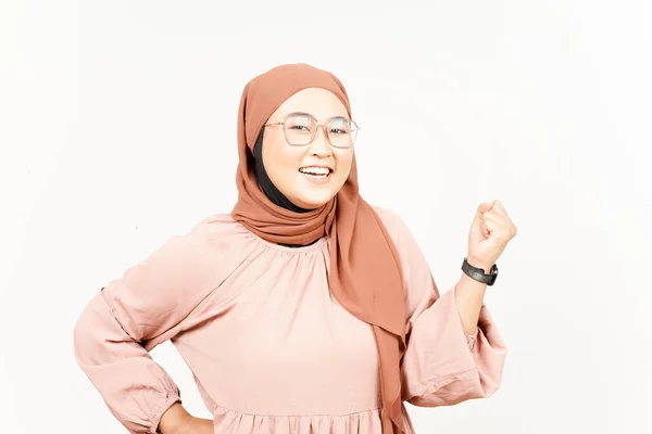 Yes Celebration Gesture Beautiful Asian Woman Wearing Hijab Isolated White — Stok Foto