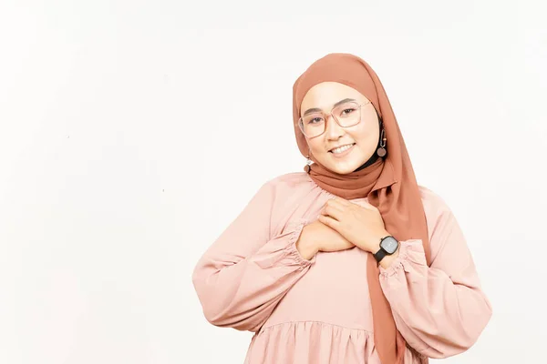 Grateful Self Love Gesture Beautiful Asian Woman Wearing Hijab Isolated — Foto Stock