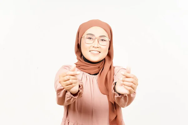 Показаны Корейские Милые Пальчики Красивой Азиатки Носящей Хиджаб Белом Фоне — стоковое фото