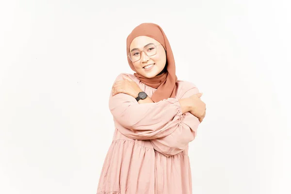 Dankbare Und Selbstverliebte Geste Der Schönen Asiatin Hijab Isoliert Auf — Stockfoto
