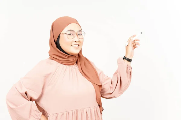 Holding Marker Teaching Concept Beautiful Asian Woman Wearing Hijab Isolated — Stok Foto