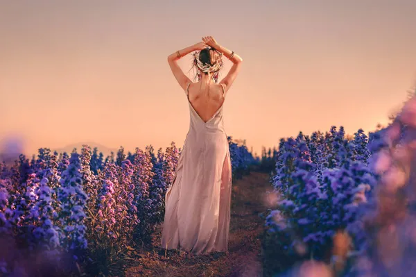 Vacker Ung Elegant Kvinna Poserar Fältet Vid Solnedgången — Stockfoto