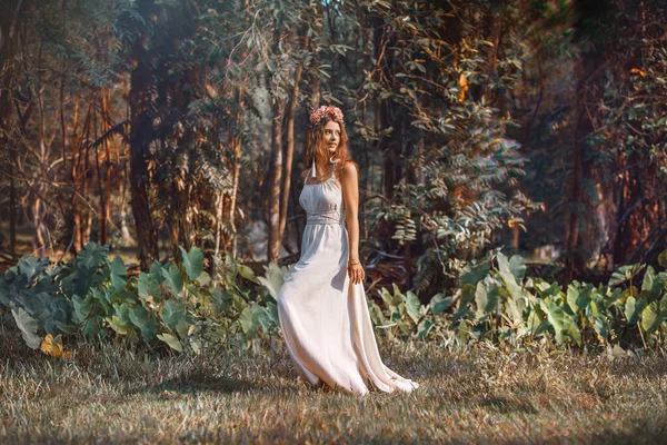 Bela Jovem Mulher Vestindo Grinalda Campo — Fotografia de Stock