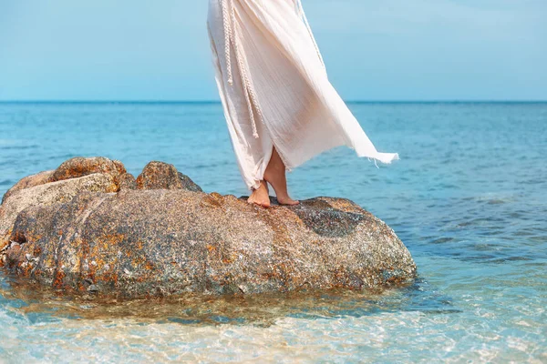 Close Woman Legs Standing Stone Sea Stock Image