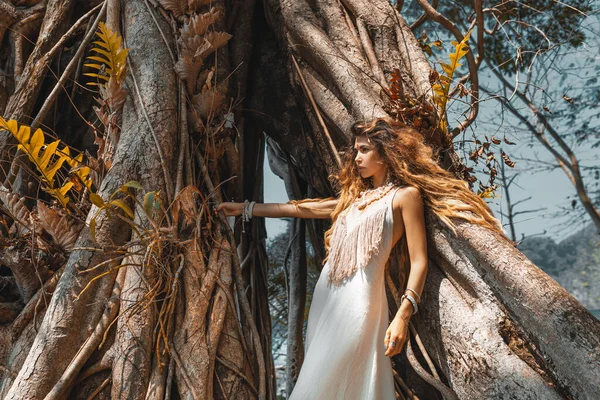 Hermosa Mujer Joven Vestido Elegante Fondo Naturaleza — Foto de Stock