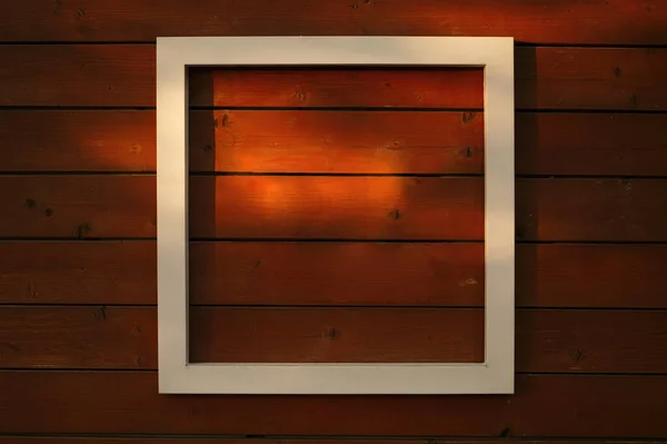 Wooden Red Background Inscription White Frame Spots Sunlight Copy Space — Stock Fotó