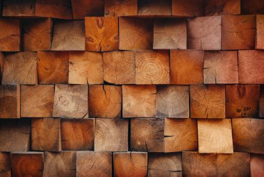 Uneven wooden cube tiles different angles wooden texture background. Backdrop for design. Place for text.