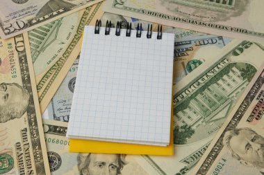 Opened notepad on dollar bills. Finance accounting concept. Places for text. Copy space.