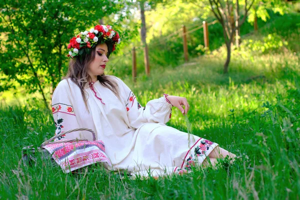 Portrait Beautiful Girl Wreath Ukrainian National Clothes Lies Grass Meadow — Stock Photo, Image