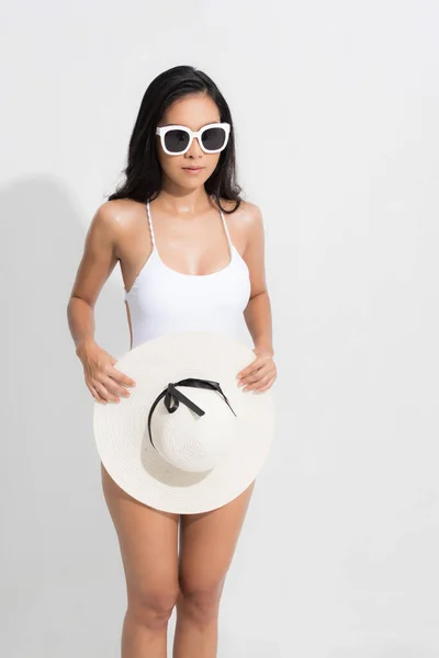 Summer Woman Studio Portrait Asian Woman Wearing White Swimsuit Dress — Stock Photo, Image