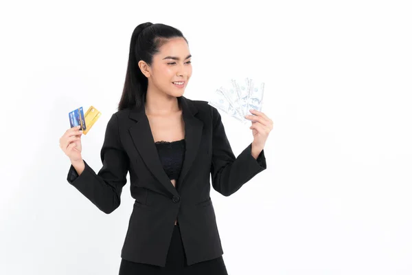 Retrato Asiático Mulher Negócios Com Mostrando Monte Notas Dinheiro Segurando — Fotografia de Stock