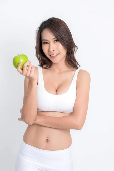 Mooie Aziatische Jonge Vrouw Gezond Voedsel Dragen Wit Ondergoed Met — Stockfoto