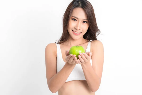 Krásné Asijské Mladé Ženy Zdravé Jídlo Sobě Bílé Spodní Prádlo — Stock fotografie